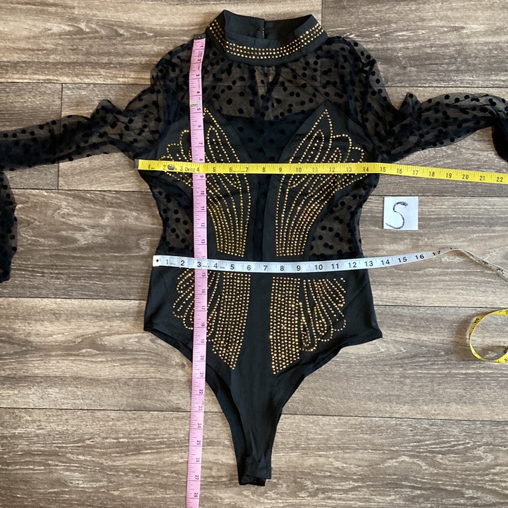 Black Gold Studded Bodysuit Corset Silhouette over Delicate Swiss Dot S/M/L/XL - Picture 7 of 10
